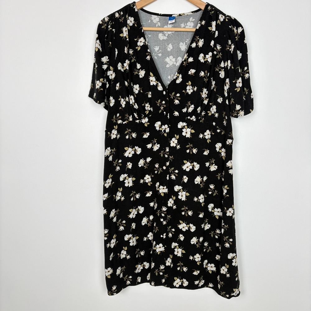 Old Navy Women Black Floral V Neck Button Front Mini Dress Sz L Boho Cottagecore